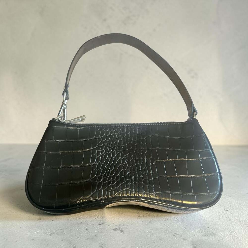 JW PEI Eva Shoulder Handbag in Black Croc-Embossed Vegan Leather